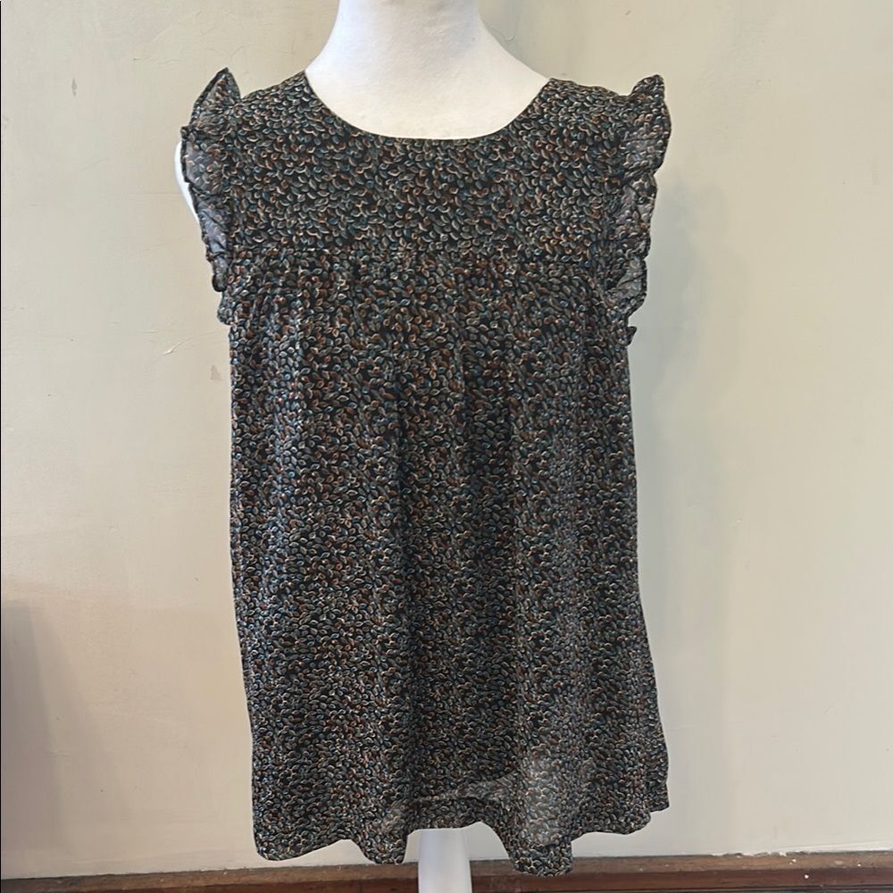 Mittoshop Leaf Print Ruffle cap sleeve blouse Size M EUC
